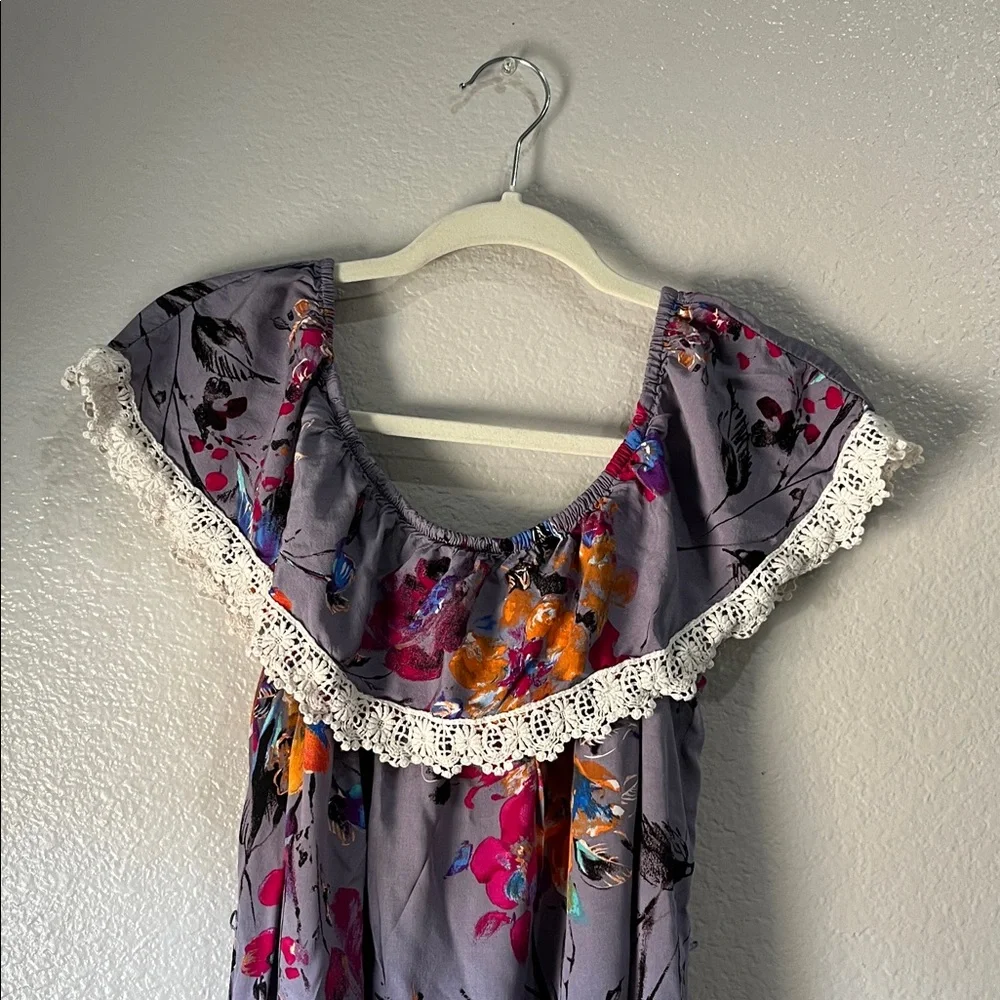 Umgee Women’s Maxi Dress Gray Pink Floral Sz M Ruffle Lace Cottage core No Belt - Picture 5 of 7